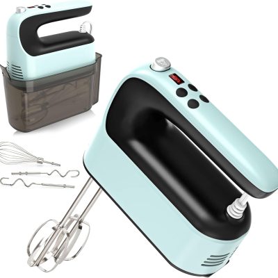 9-speed digital electric hand mixer, 400W powerful DC motor, with snap-on storage box, 5 stainless steel accessories including mixing heads, dough hook, and whisk (ice cube). (Blue/Black)