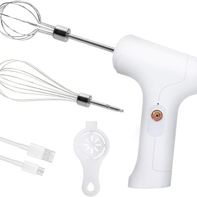 Cordless Handheld Blender, Handheld Electric Egg Beater, 3 Speed ​​Settings, with 2 Detachable Beating Heads (White)