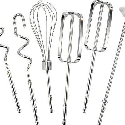 6pcs Hand Mixer Attachments Set, 1 Egg Whisk 1 Blending Rod 2 Hand Mixer Replacement Beaters & 2 Dough Hooks Parts Compatible with  Mixers 62632R 62682RZ 62692 62695V and 64699
