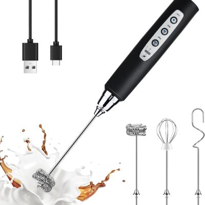 Black Handheld Milk Frother, Rechargeable Electric Egg Beater, 3 Beating Heads, 3 Speed ​​Settings, Beverage Blender, Coffee Milk Frother, Suitable for Latte, Cappuccino, Hot Chocolate, Eggs, etc.