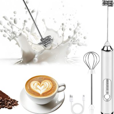 Handheld milk frother, rechargeable coffee milk frother, with 2 stainless steel mixing heads, 3 speed settings, beverage mixer, electric milk frother, suitable for blending lattes, cappuccinos, matcha, eggs, egg whites, etc.